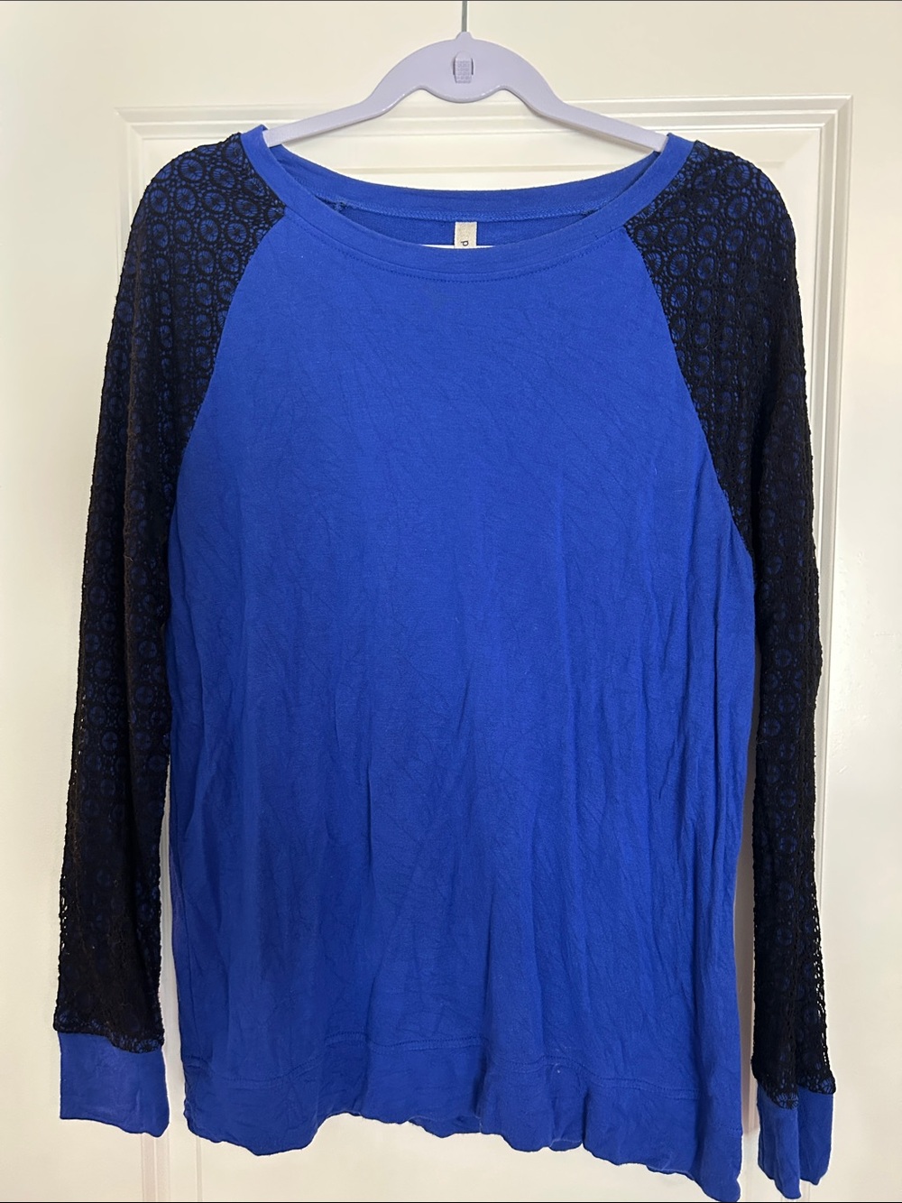 Kensie Electric Blue Knit Top with Black Lace Raglan Sleeves